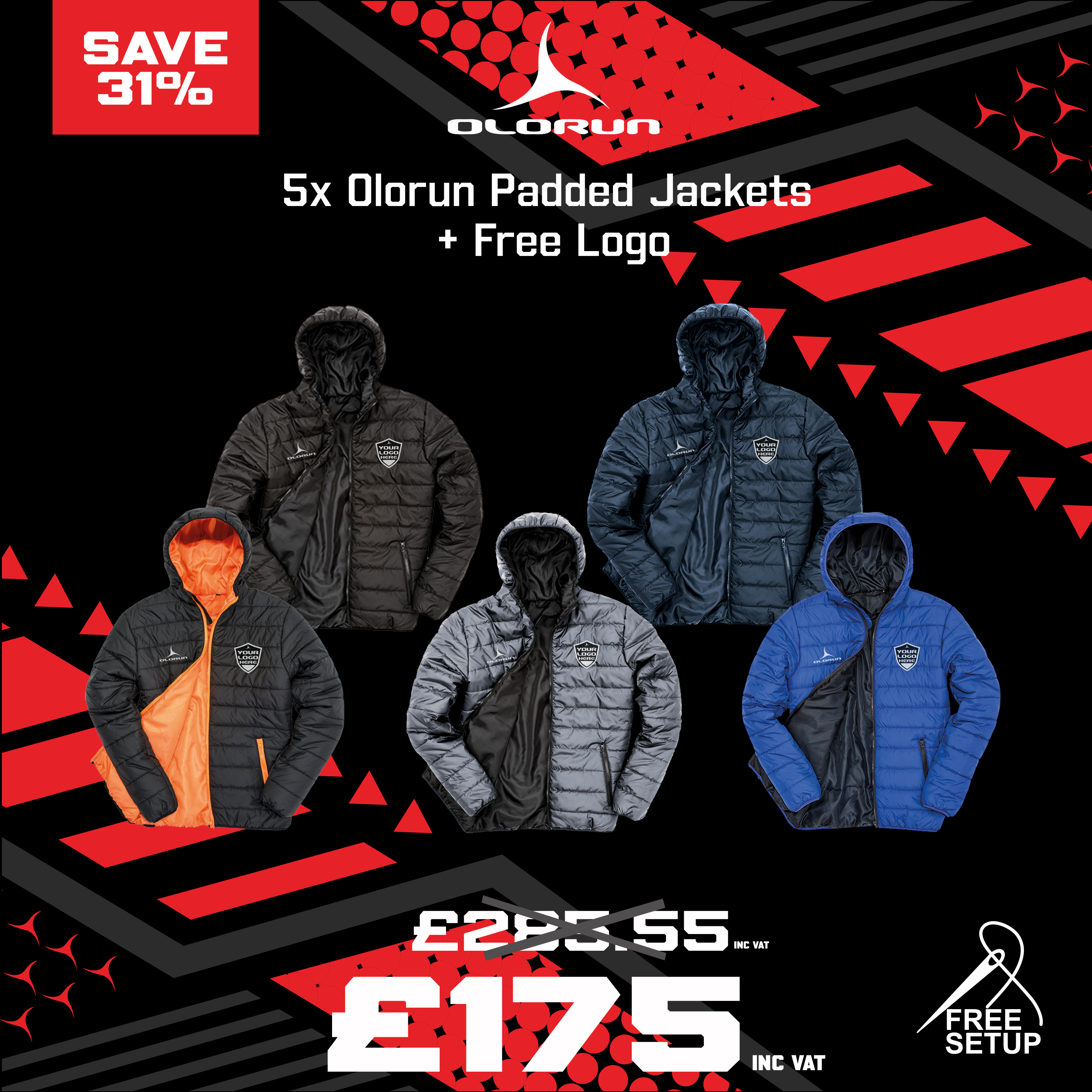 5x Olorun Padded Jackets + Free Logo